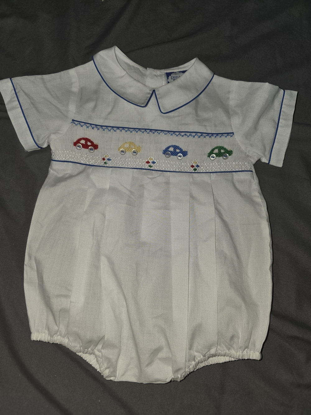 Carriage Boutique White Bubble Romper with Red Yellow Blue Green Car Cars